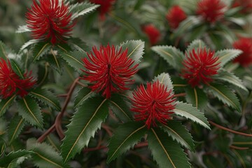 3D Visualization of Ruby Red Banksia Spinulosa Featuring Barbed Leaves and Vibrant Seasonal Blooms