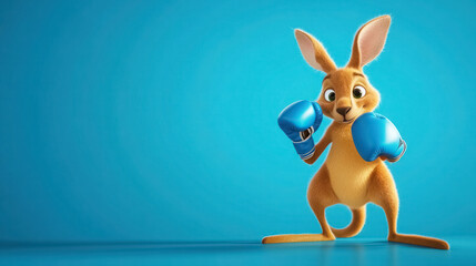 animated kangaroo character in boxing stance with blue gloves on a blue background