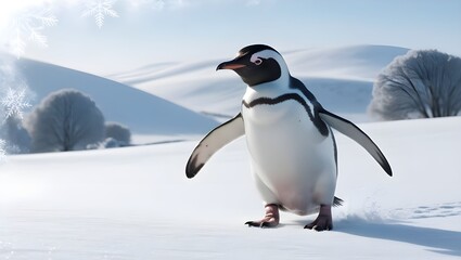 Obraz premium Penguin in the Icy Polar Regions Surrounded by Snow and Icebergs