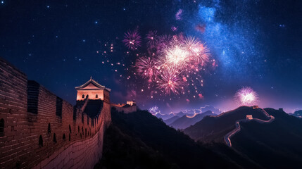 Naklejka premium spectacular fireworks display over the Great Wall of China under a starry night sky