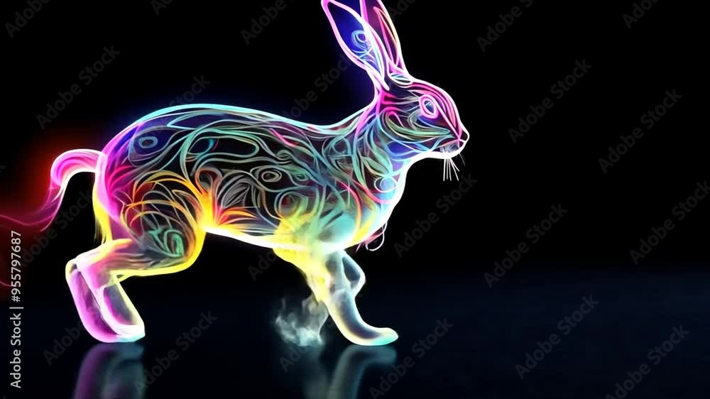 Poster colorful rabbit running through a dark space with neon trails generative ai