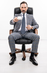 businessman in office chair. man in suit representing leadership. business leadership and success. businessman leader sit in office chair. business success. professional leader ceo. negotiation