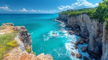 Breathtaking cliffside view of ocean with waves crashing against rocks below