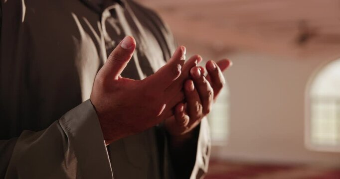 Muslim, hands and man in mosque for prayer, devotion and faith in religion in Ramadan. Islam, person and palms open in temple for respect, dua or spiritual healing in place of worship in Saudi Arabia