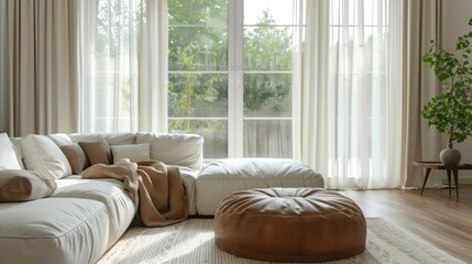 interior with many decorations, white sofa, leather pouf, long curtains next to big windows.