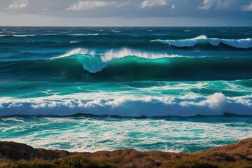 Fototapeta premium Dynamic Imagery of Rolling Waves and Blue Ocean Surrounded by Powerful Splashes
