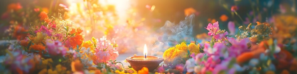 Traditional Indian background with diya lamp and colorful flowers. Hindu Puja. Festival Vishu celebration. Template with copy space for holiday Ugadi, Gudi Padwa, Diwali or Krishna Janmashtami