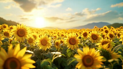 Fototapeta premium A Field of Sunflowers at Sunset with a Blurred Background