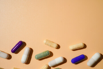 Mix of medicine capsules pills, supplements vitamins, Assorted pharmaceutical medicine capsules