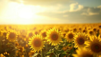 Obraz premium Sunlit Sunflowers in a Field at Sunset