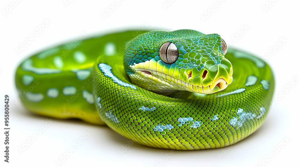 Poster a vibrant green python posed gracefully, showcasing its striking colors and unique patterns against 