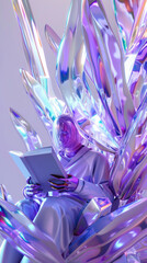 3D illustration of a person wear helmet reading book sculpture with crystal glossy glass laser texture in gradient futuristic lavender silver and white tones new cyberpunk fashion cool dreamy poster