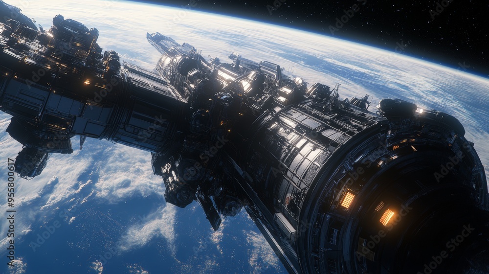 Poster a space station orbiting the earth it features a detailed spaceship and stunning views of the planet
