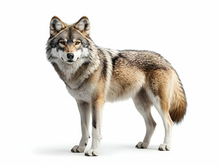 Fototapeta premium A majestic wolf stands confidently, showcasing its natural beauty and keen expression against a white background.