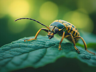 Fototapeta premium Close-up of a vibrant beetle resting on a green leaf, showcasing its intricate details and natural habitat.