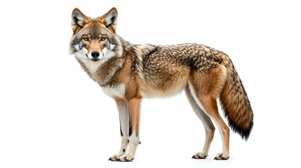 Obraz premium A striking coyote stands elegantly against a white backdrop, showcasing its unique fur pattern and curious expression.