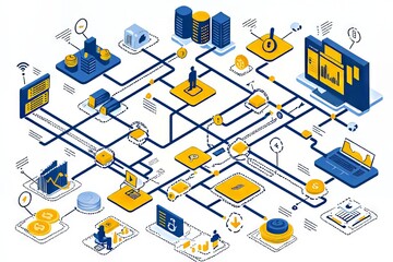 Abstract digital network illustration in blue and yellow tones.