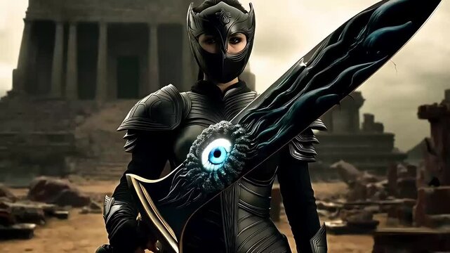 Warrior Woman Wielding a Demonic Sword in a Dark Temple Battle
