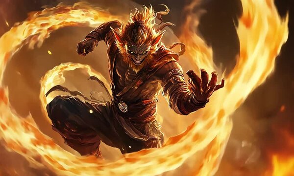 Fiery Monkey King in Dynamic Battle Pose with ai generated.
