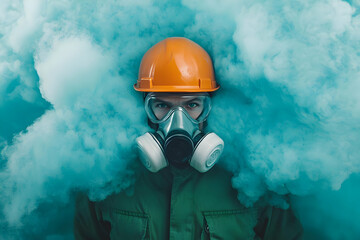 Obraz premium Person in gas mask and safety helmet surrounded by colorful smoke, representing safety, industry and hazardous environment.