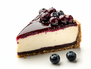 Delicious slice of blueberry cheesecake topped with fresh blueberries and glossy blueberry sauce.