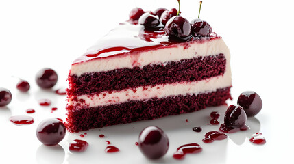 Delicious red velvet cake slice topped with cherries and drizzled with cherry syrup, perfect for dessert lovers.