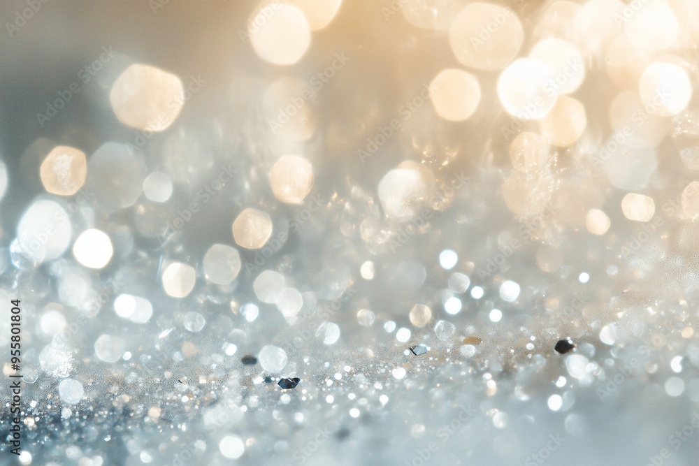 Poster a close-up view of sparkling droplets shimmering on a surface illuminated by soft light, creating a 