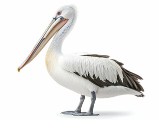 Obraz premium A majestic pelican standing gracefully, showcasing its unique features and vibrant plumage against a clean white background.
