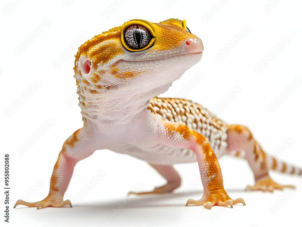 Poster a vibrant and detailed close-up of a leopard gecko on a white background, showcasing its unique patt