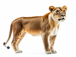 Obraz premium A majestic lioness stands gracefully, showcasing its powerful physique and captivating gaze against a white background.