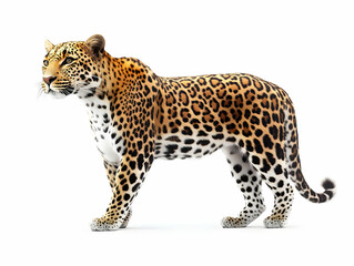 Fototapeta premium A majestic leopard stands gracefully against a white background, showcasing its beautiful spotted coat and powerful physique.