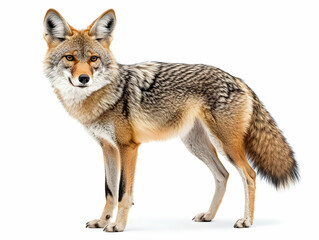 Fototapeta premium A majestic coyote stands gracefully, showcasing its sleek fur and keen gaze against a white background.