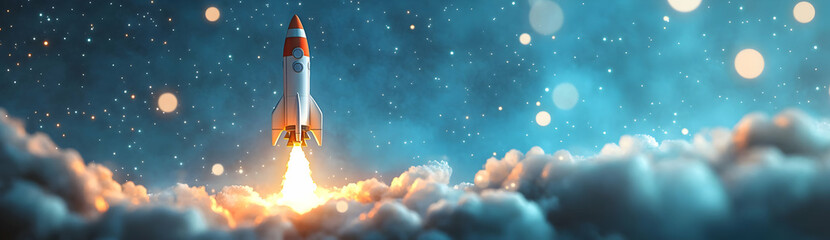 A dynamic rocket soaring through the clouds, symbolizing exploration and innovation in the vastness of space.