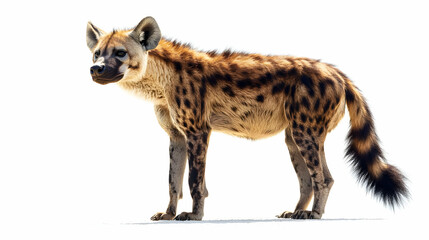 Obraz premium A striking hyena stands gracefully, showcasing its unique spotted coat against a clean white background.