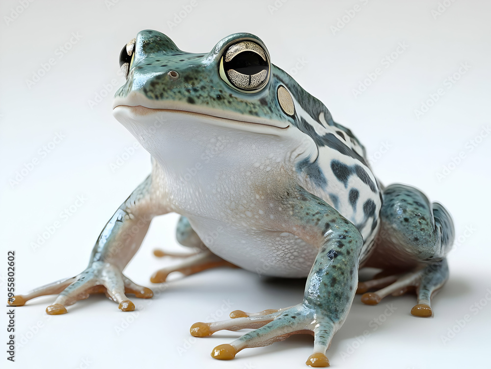 Poster A close-up of a beautiful frog showcasing its vibrant colors and intricate patterns against a clean background.