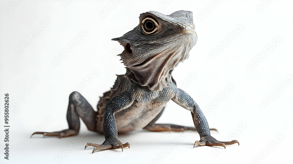 Poster detailed close-up of a lizard displaying its unique features against a white background.