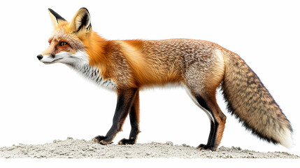 Fototapeta premium A majestic red fox standing gracefully against a pure white background, showcasing its vibrant fur and curious expression.