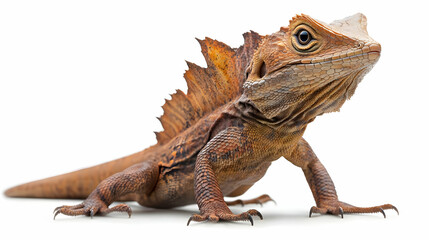Fototapeta premium A detailed view of a bearded dragon showcasing its unique scales and posture against a clean white background.
