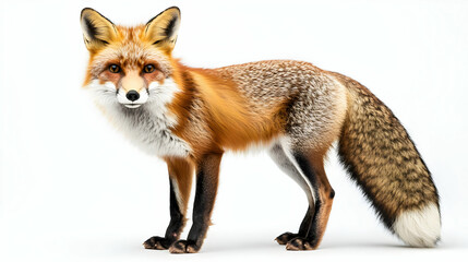 Fototapeta premium A beautiful, detailed image of a red fox standing gracefully against a white background, showcasing its stunning fur and keen eyes.