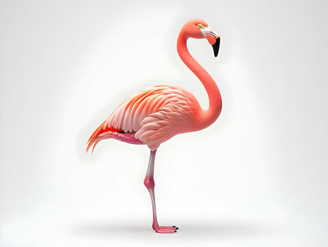 A vibrant pink flamingo stands elegantly, showcasing its long neck and striking feathers against a light background.