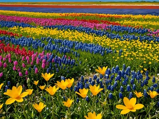 Fototapeta premium As spring arrives, the wildflower fields stretch as far as the eye can see, a vibrant tapestry of colors blending in beautiful harmony