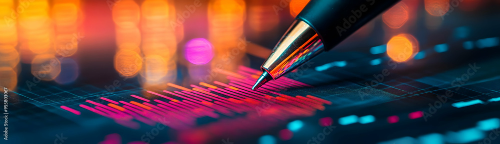 Poster close-up of a modern pen poised over a colorful data graph, symbolizing finance and analysis concept