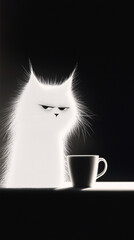 Creative design illustration of a white cat drinking coffee on a black background
