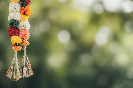 Traditional Indian floral garland toran made of marigold or zendu flower decorated temple or home. Happy Diwali festival, Pongal or Gudi Padwa. Decoration for Indian hindu holiday, wedding