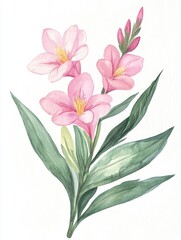 Fototapeta premium A delicate watercolor illustration of pink flowers with vibrant green leaves, perfect for nature lovers and floral designs.