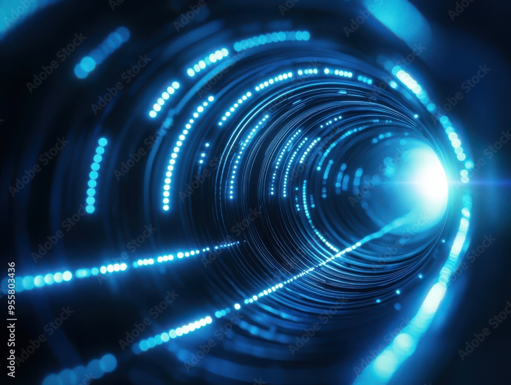 Poster a dynamic abstract tunnel with glowing blue lights, representing technology and futuristic concepts.
