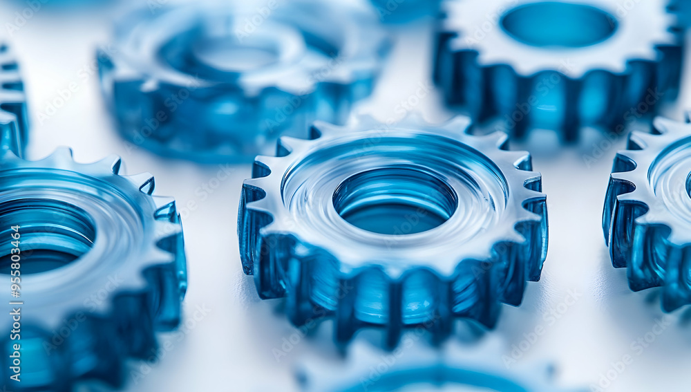Poster close-up of translucent blue gears showcasing intricate design and engineering precision for creativ