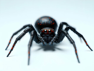 Fototapeta premium A detailed close-up image of a black spider, showcasing its intricate features and striking red markings against a neutral background.