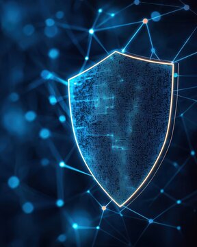 A digital shield symbolizing cyber protection and security in a connected network, showcasing innovation and technology.