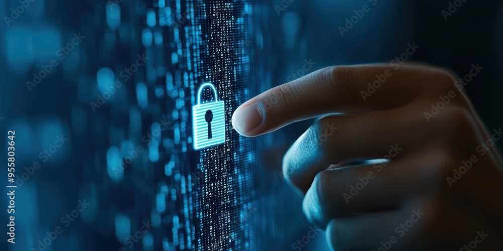 Poster a finger poised to interact with a digital lock on a futuristic interface, symbolizing cybersecurity